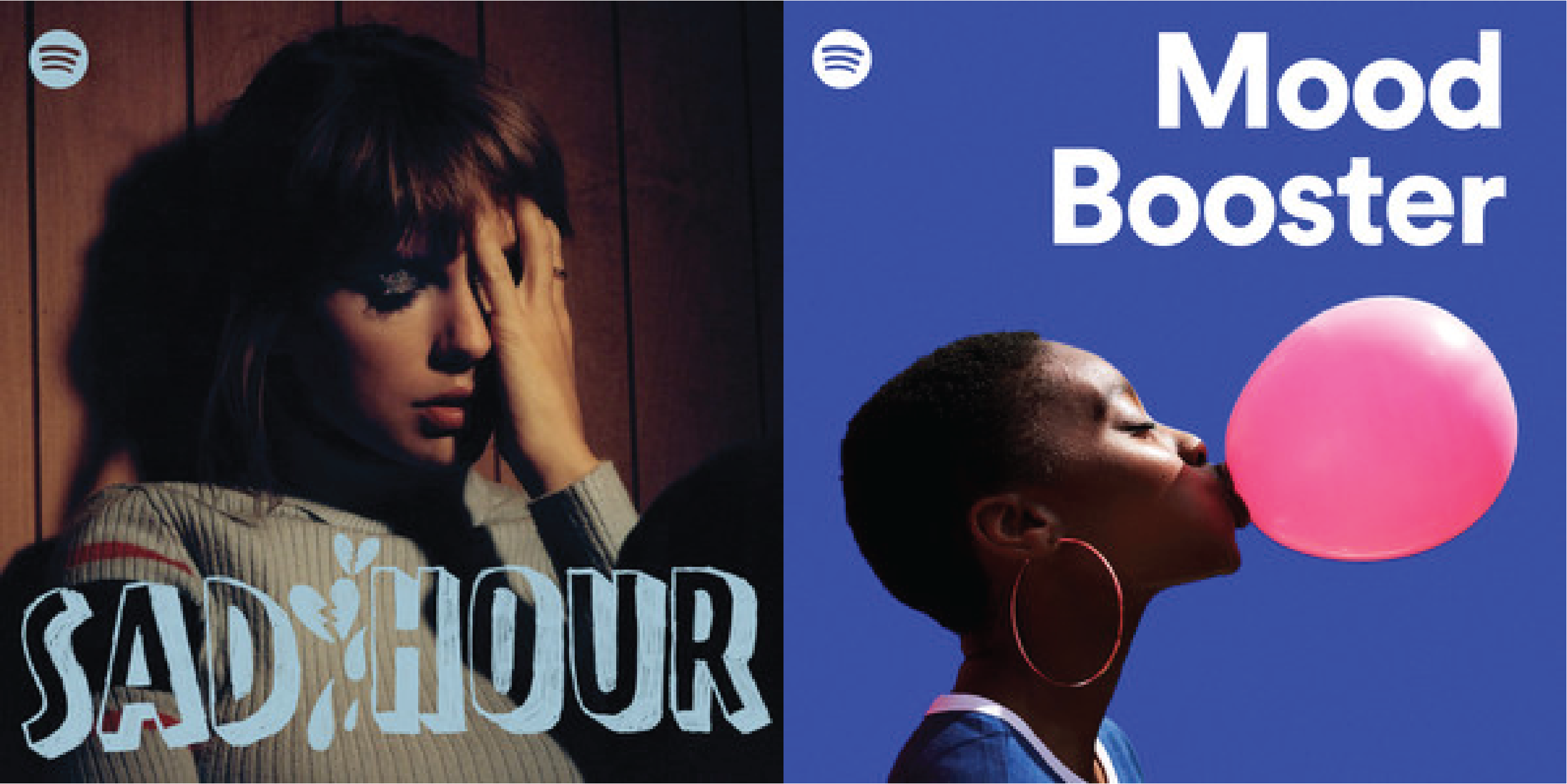 Spotify's Mood Booster and Sad Hour playlist cover as of 2023.