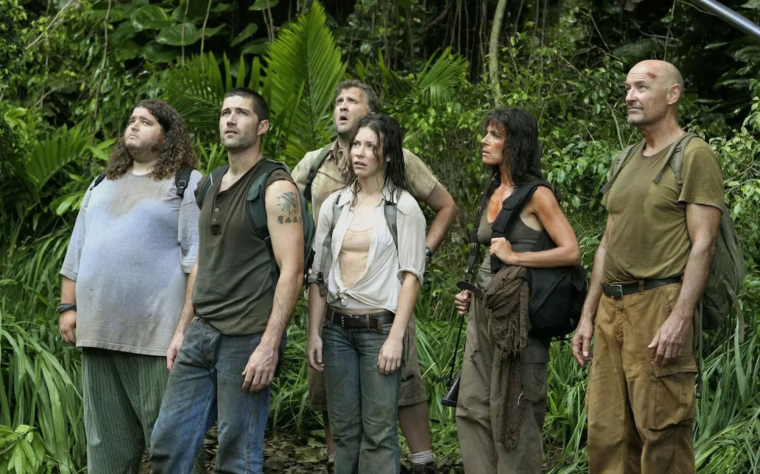 LOST. 2004-2010. ABC. From left to right, Hurley, Jack, Leslie, Kate, Danielle, and John in the jungle. 