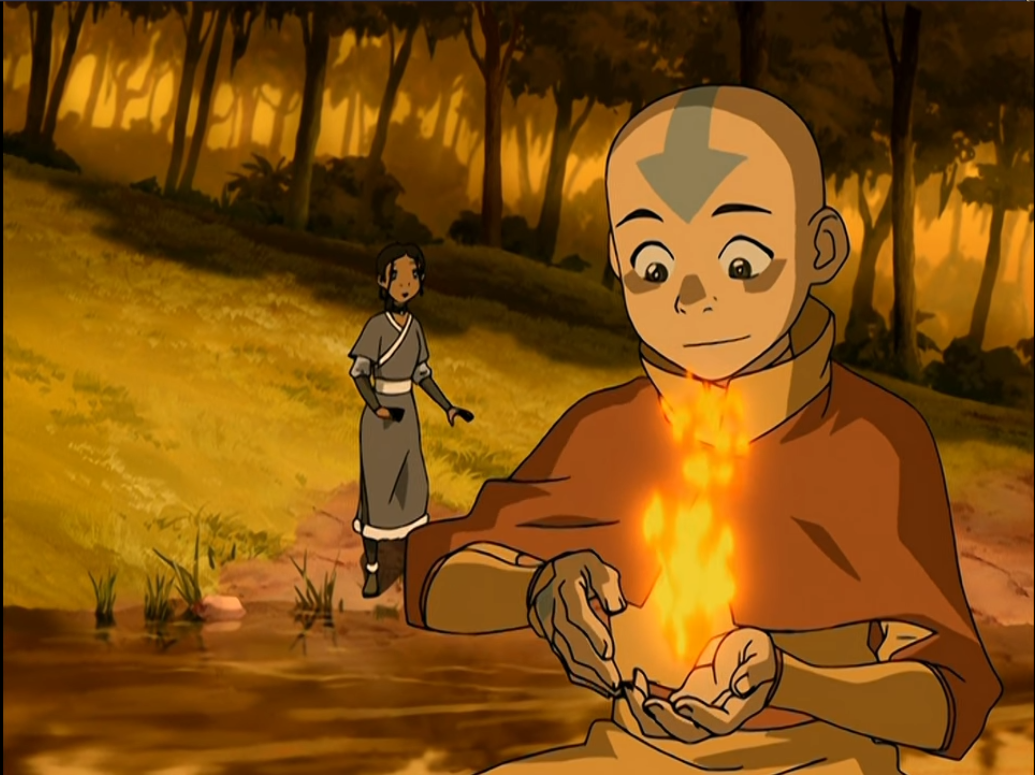 Avatar: The Last Airbender. 2005-2008. Nickelodeon Animation Studio.
Aang firebending with Katara watching.