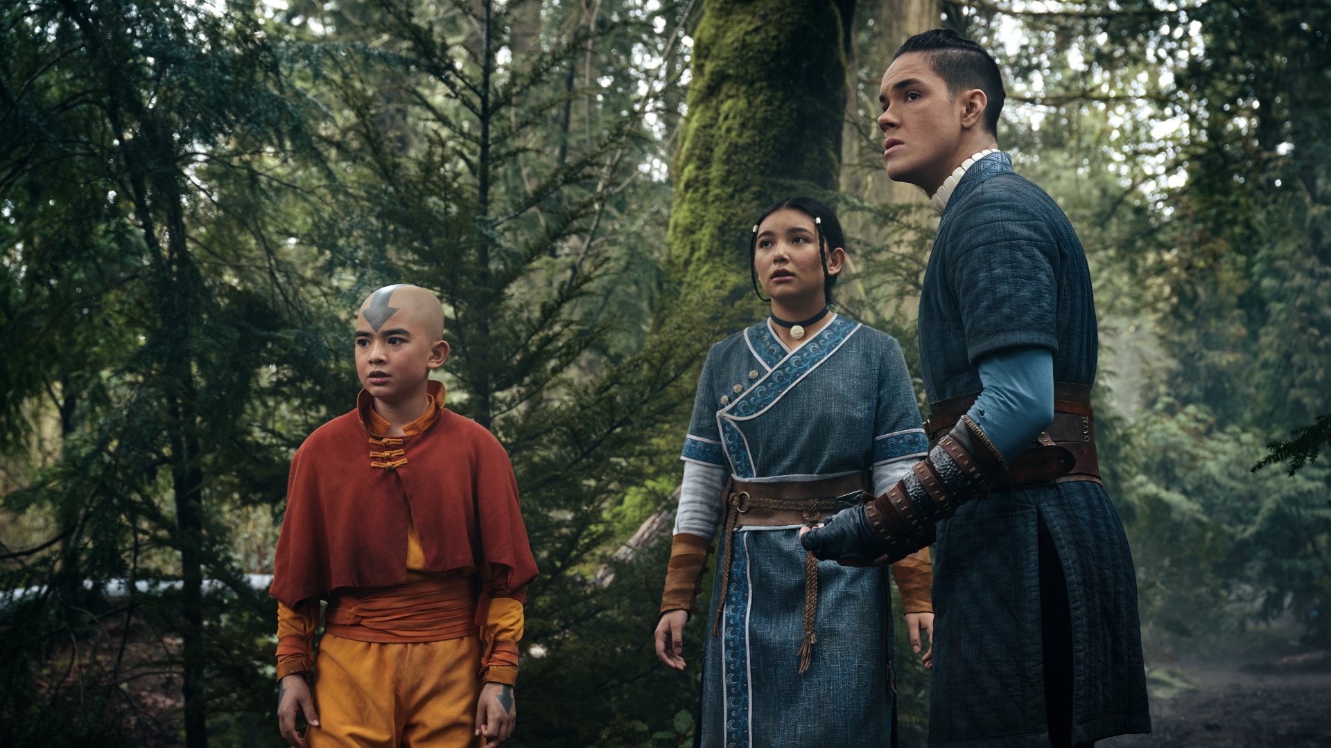 Avatar: The Last Airbender. 2024-present. Netflix.
Aang, Katara, and Sokka in the forest.