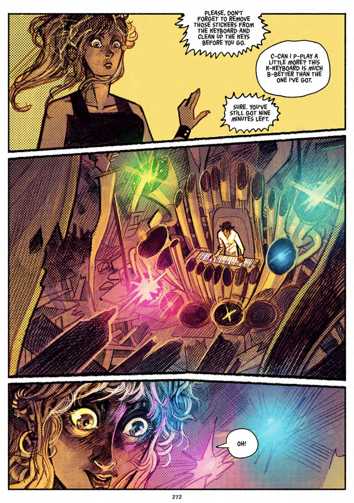 The protagonist, a dark haired young man, plays the organ-- colors illuminating around him while his classmate looks on.