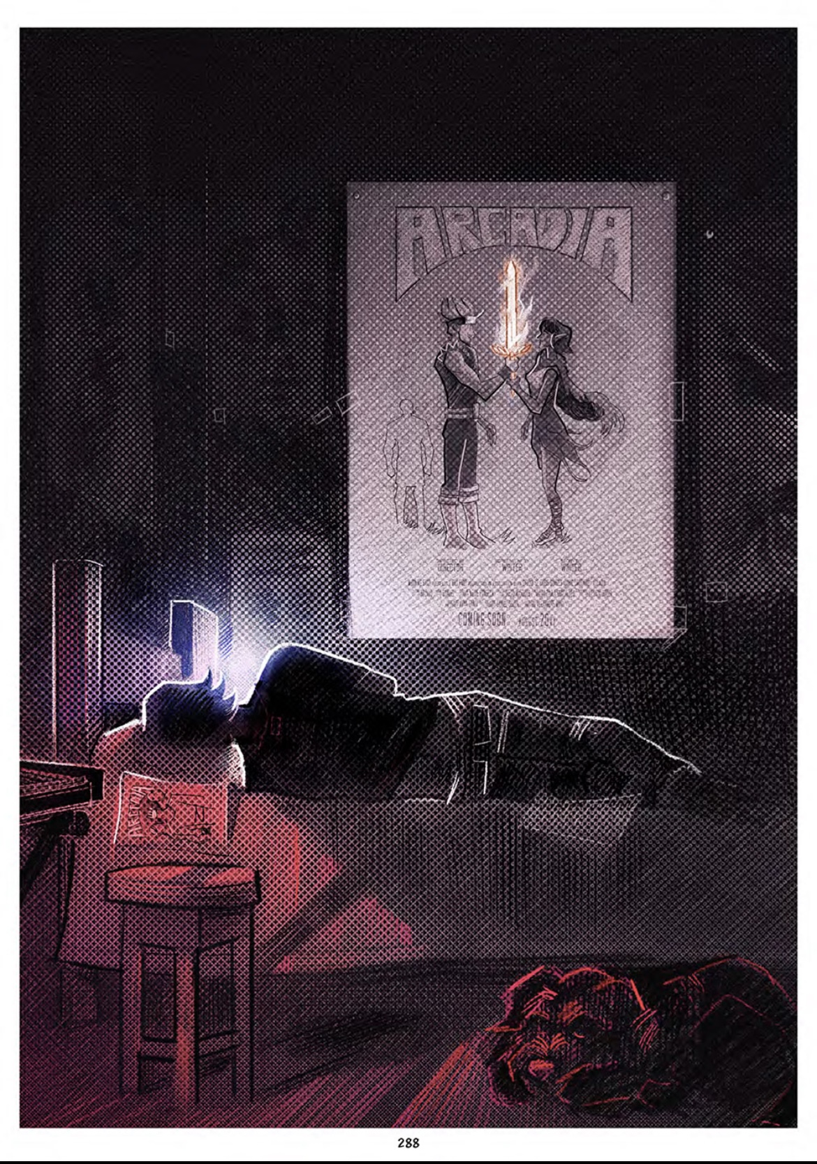 The protagonist lays on his bed, a poster for a children's cartoon hanging above him.