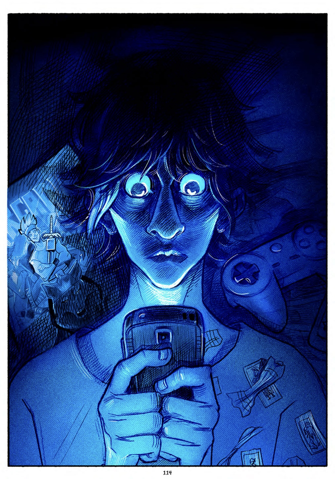 The protagonist stares into his phone, illuminated by ghostly blue light.