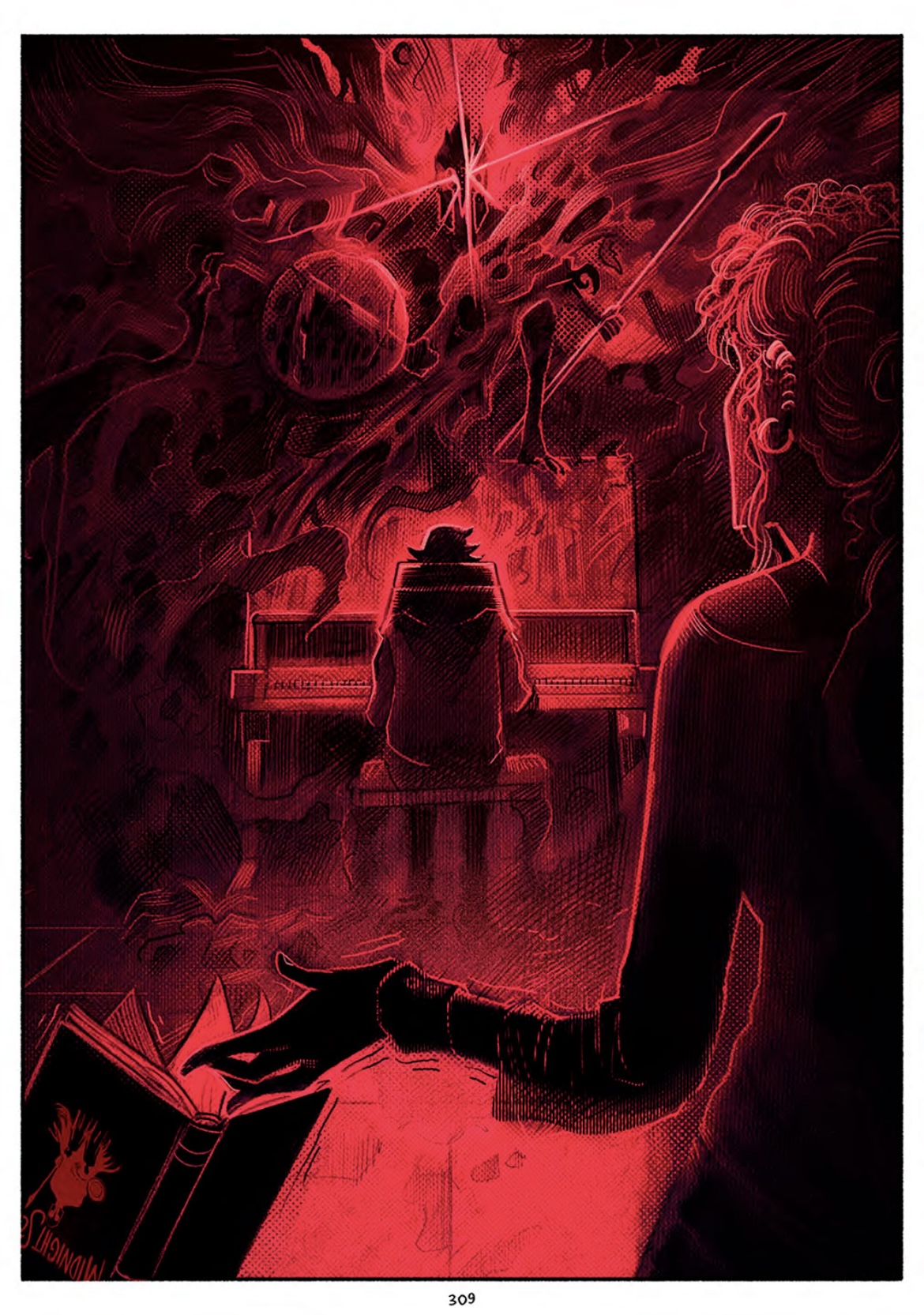 A man sits at a piano, surrounded by red light and smoke in Shadowplay: Midnight School.