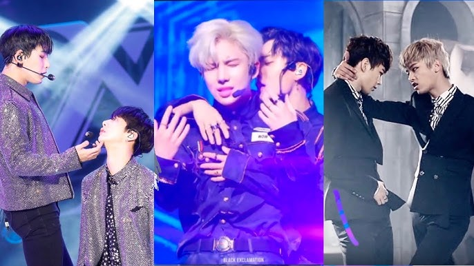 A collage of male K-pop idols performing sensual choreography.