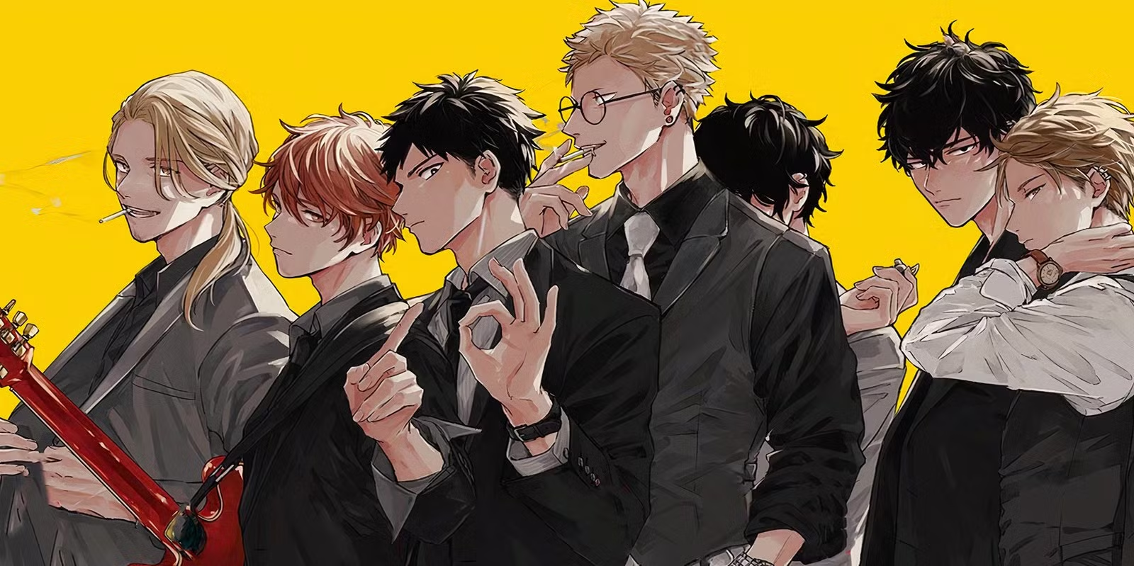 Characters of the manga "Given" drawn 10 years older, each wearing suits.