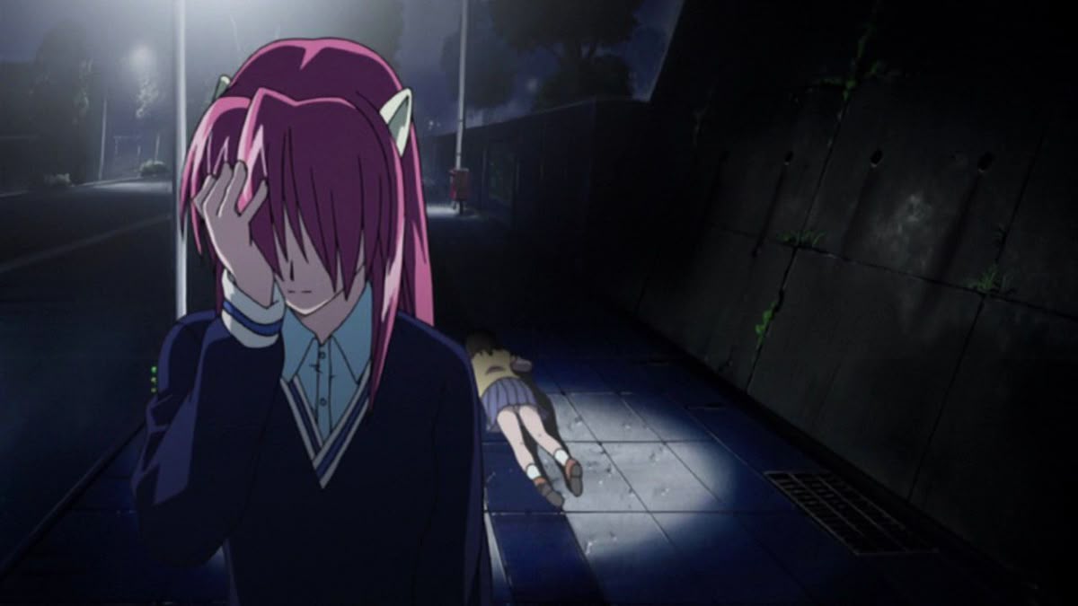 An anime girl walking on the street at night. A girl's body lying under a streetlamp.