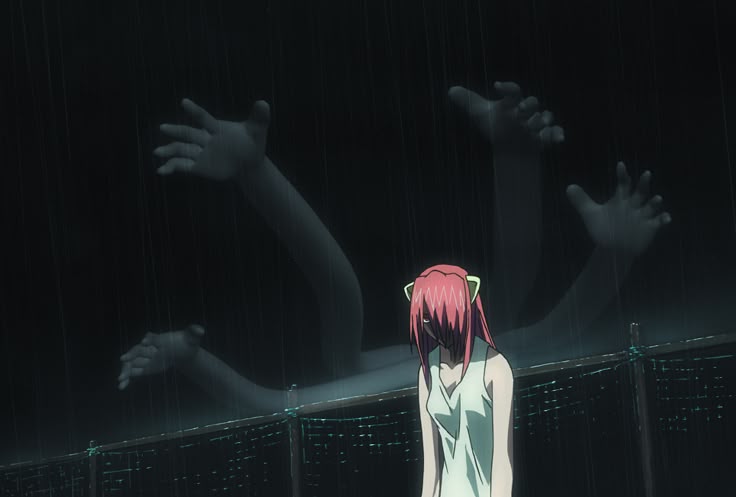 Anime girl looking menacing. Ghost arms emerging from the background.