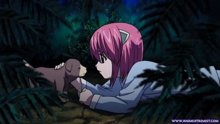 Anime girl with dog in dark forest.