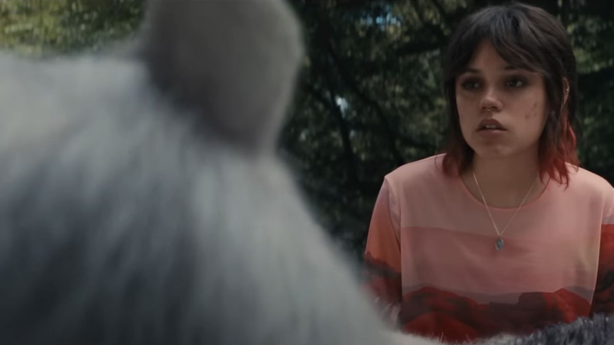 Ridley (Jenna Ortega) watches a white unicorn. Scharfman, Alex. Death of a Unicorn. 2025.