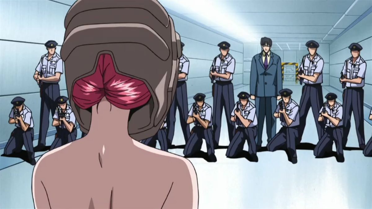 Anime image of a woman in a helmet confronting a crowd of armed men