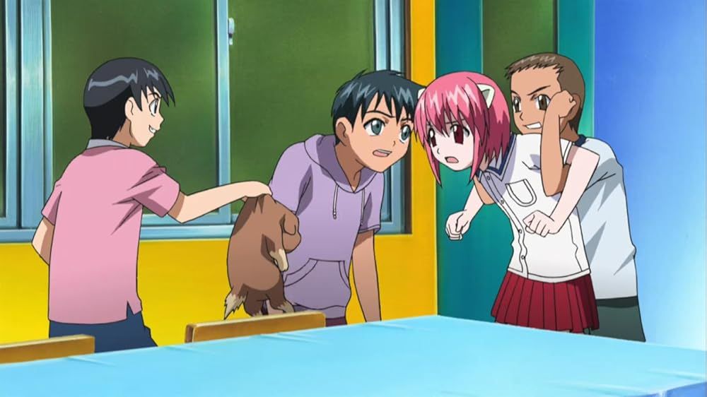 Group of bullies restraining a girl, anime art style.