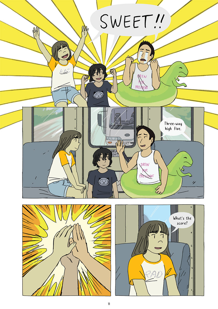 Best friends Amber, Nico, and Drew enjoying the bus ride for a field trip to the beach, evoking 2000s nostalgia in Dreamover