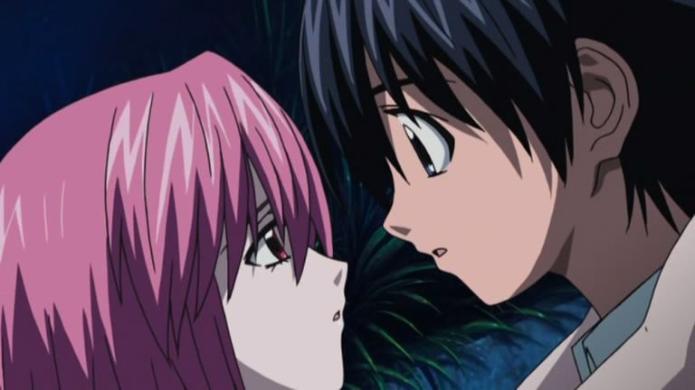 Anime man and woman leaning in to kiss.