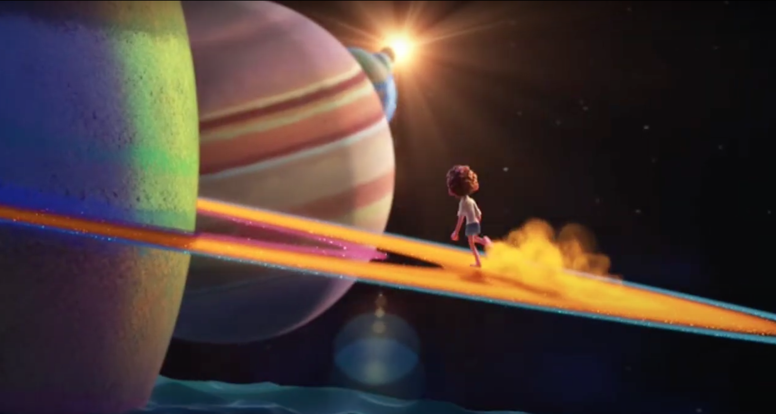 In a daydream, Luca runs on a colorful Saturn's rings as he gazes out on numerous other planets in the distance.