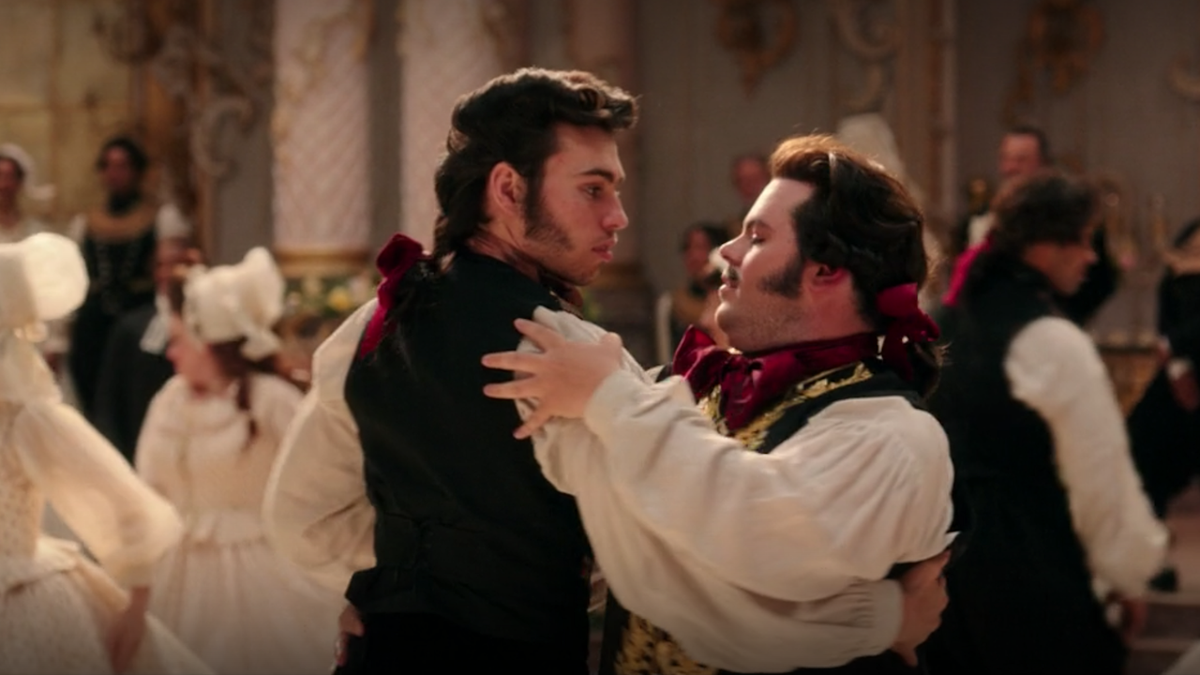 Lefou, played by Josh Gad, briefly waltez in the arms of a male villager in the final wedding scene of 'Beauty and the Beast' (2017).