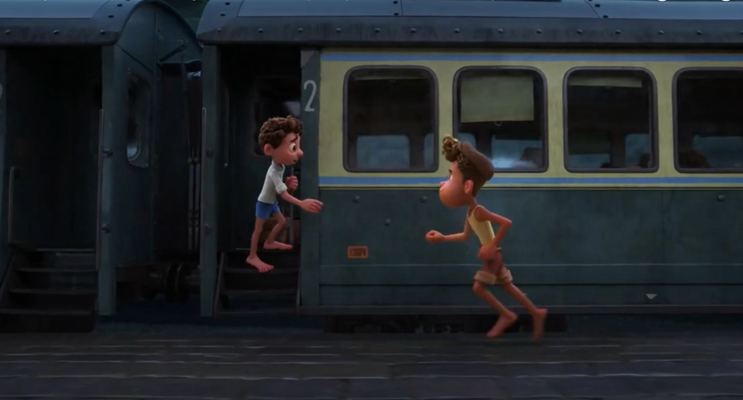 Luca stands on the steps of a train car, watching Alberto run alongside as the train pulls away.