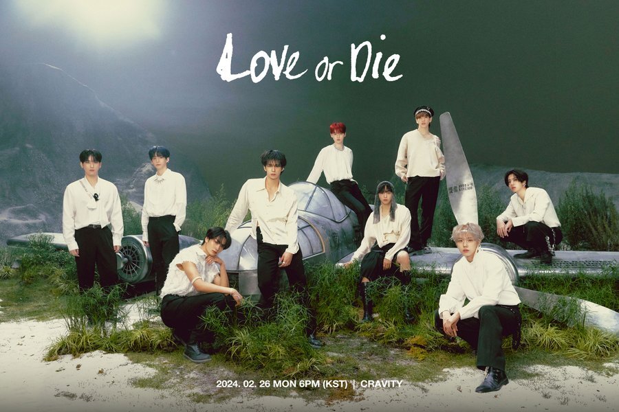 Cravity posing for their "Love or die" mood photo.