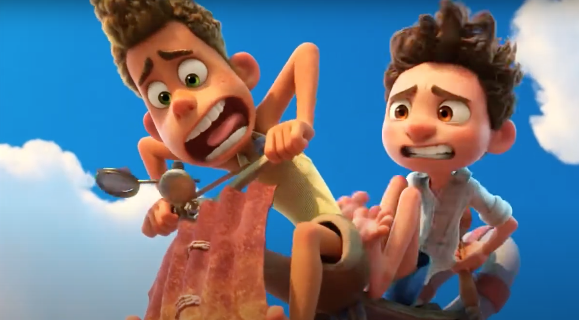 Luca sits behind Alberto on their Vespa as they free-fall towards a boulder. Luca uses his feet to push the two apart to safety.