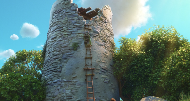 Alberto's dilapidated tower stands with a home-made ladder along the side. Later in the film, Luca must climb the tower without the ladder to apologize to Alberto.