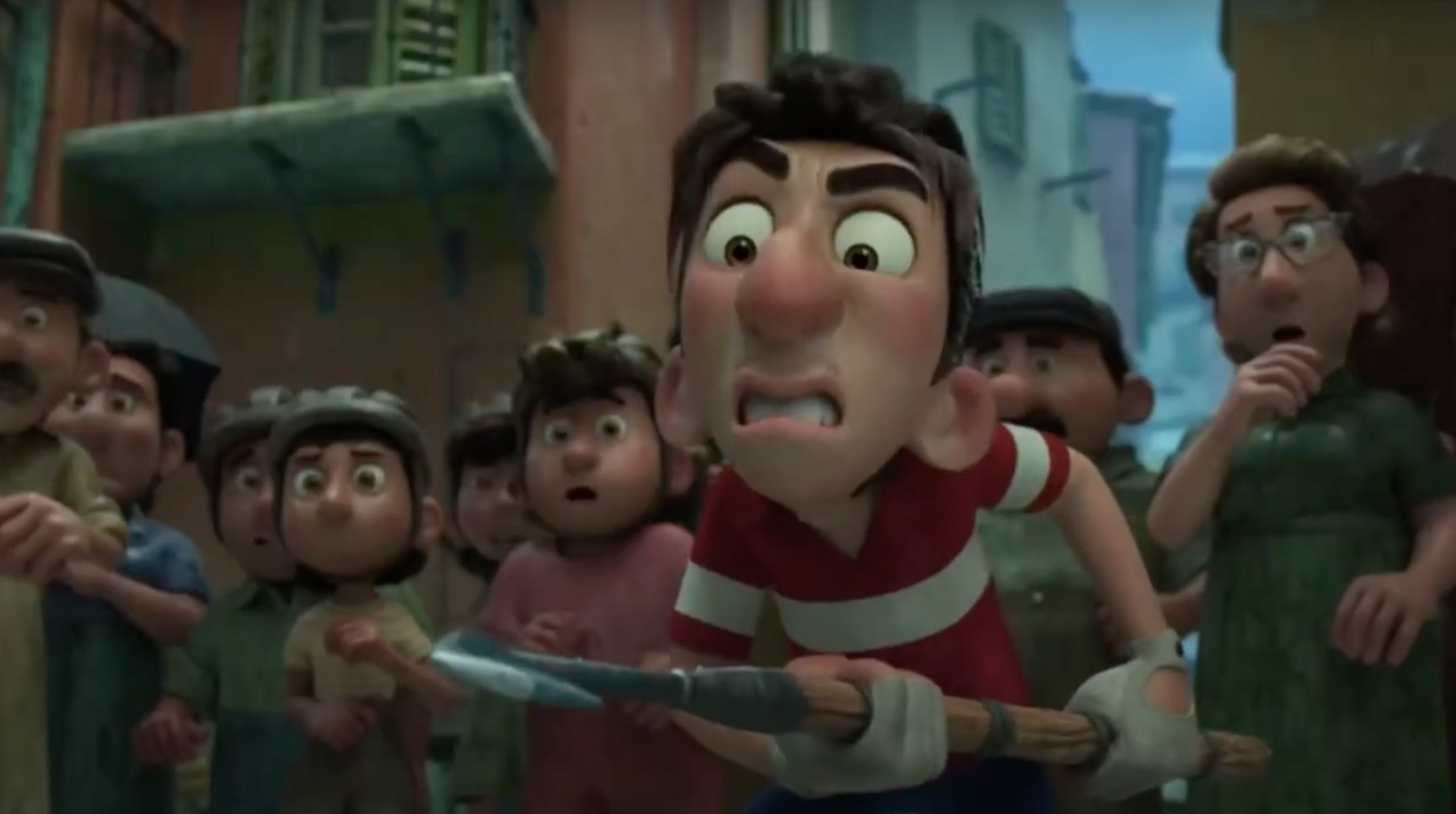 Ercole stands in front of a shocked crowd, sneering at Luca, Alberto, and Giulia with a harpoon in hand.