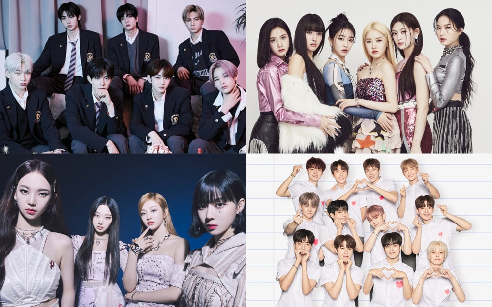 Fourth generation groups; Enhypen, StayC, Aespa, and Treasure in one collage together.