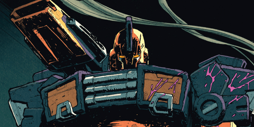 Image from Transformers: Last Stand of the Wreckers.
Impactor staring, with his face covered in shadow. Parts of his body are covered in energon.