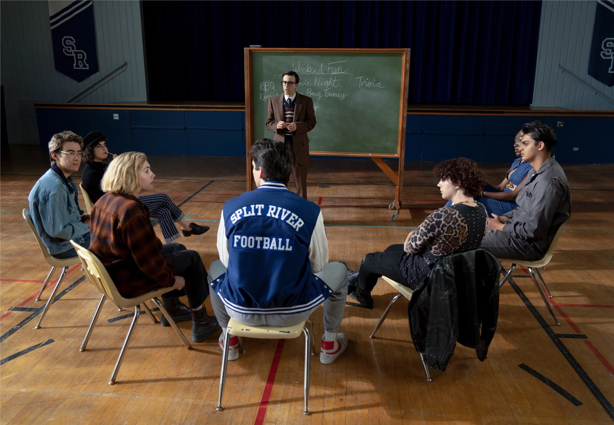 School Spirits characters Rhonda, Charley, Maddie, Wally, and Mr. Martin having a support group.