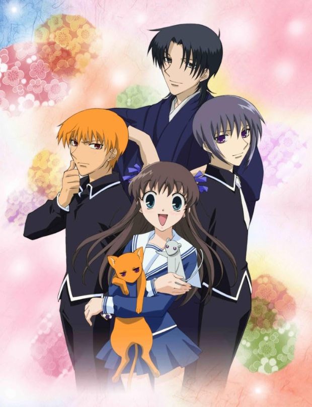 The core cast of Fruits Basket, Kyo, Shigure, Yuki, and Tohru. Fruits Basket. Natsuki Takaya. TV Tokyo, 2001.