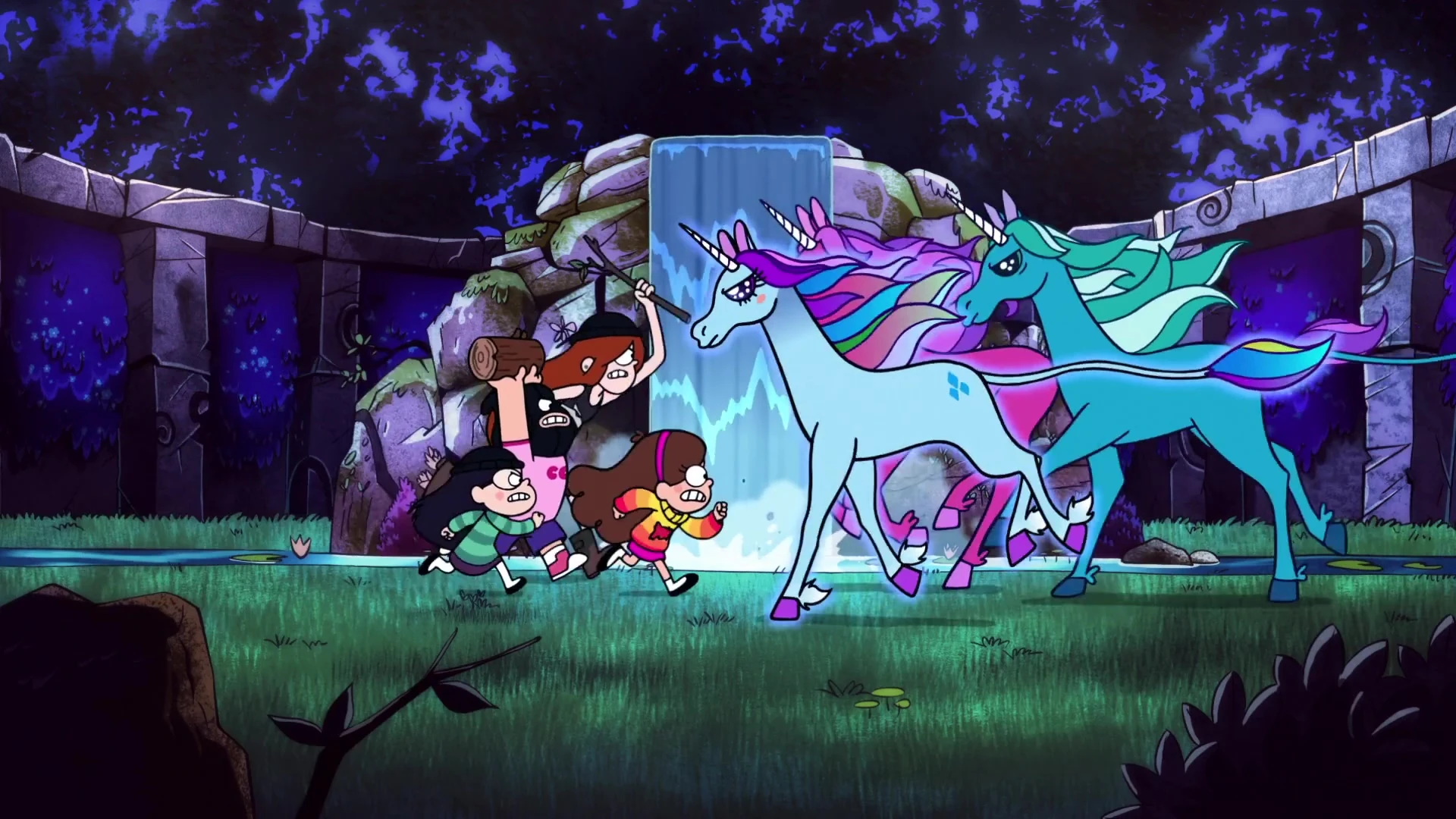 Mabel running at unicorns ready to fight them. 