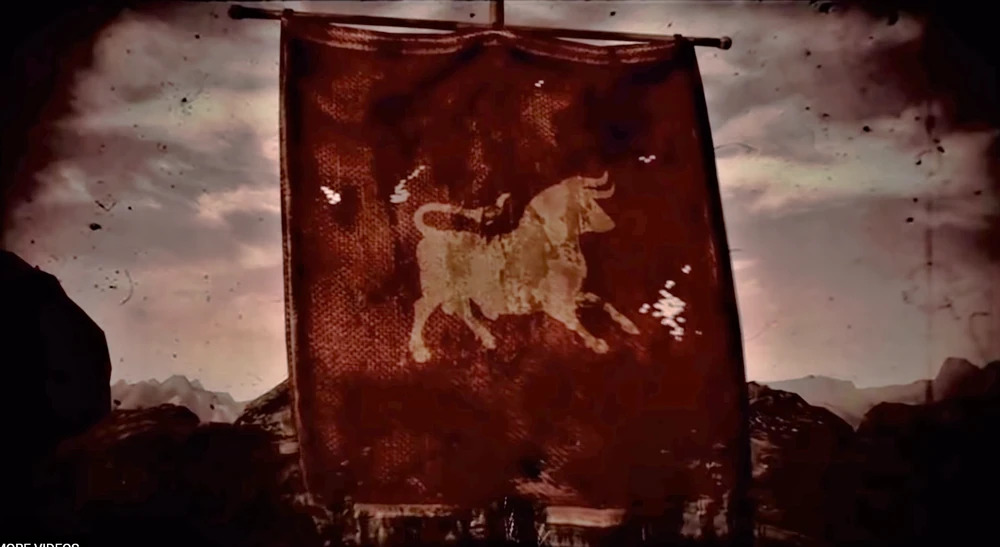 "Fallout: New Vegas." A flag with a golden bull and a red background stands in front of a wasteland.