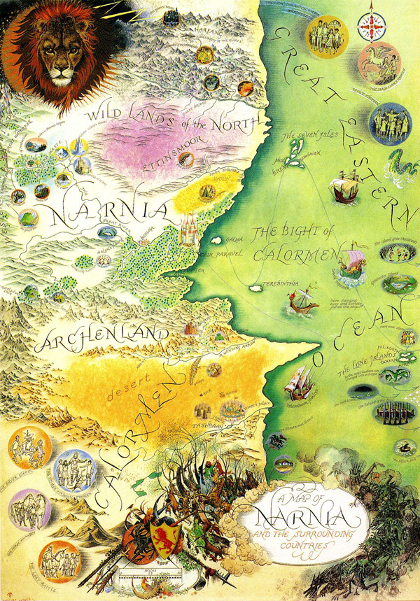 A complete map of Narnia. The Chronicles of Narnia. Pauline Baynes, 1950-1956.