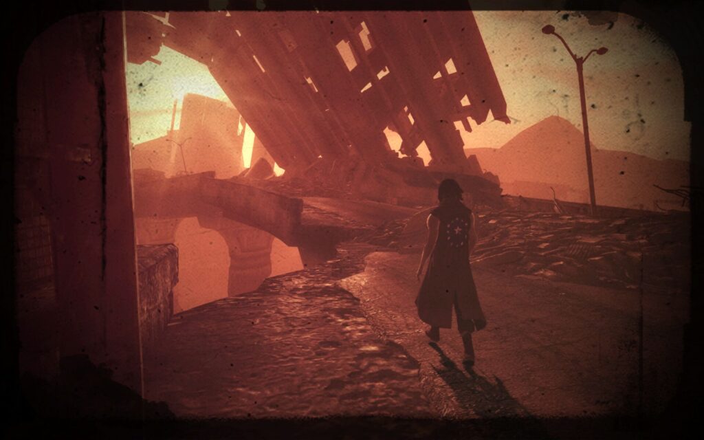 A lonesome man walks on a ruined highway, under an orange sky. He wears a duster with a variation of the American flag on the back.