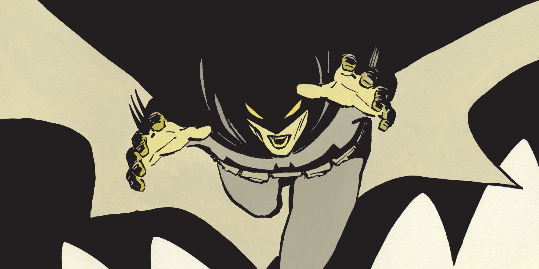 Batman leaping forward while lit with yellow highlights detailing his features. The Bat-Signal is behind him. Miller, Frank and Mazzucchelli, David. Batman: Year One Deluxe Edition. DC Comics. 2017.