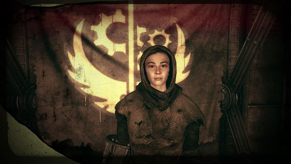 A girl in rags stands in front of a symbol: a sword adorned with wings and gears.