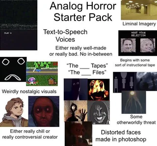 Toptextbottomtext420. "Analog horror starter pack". reddit. 2024. accessed 9 jul. 2025.