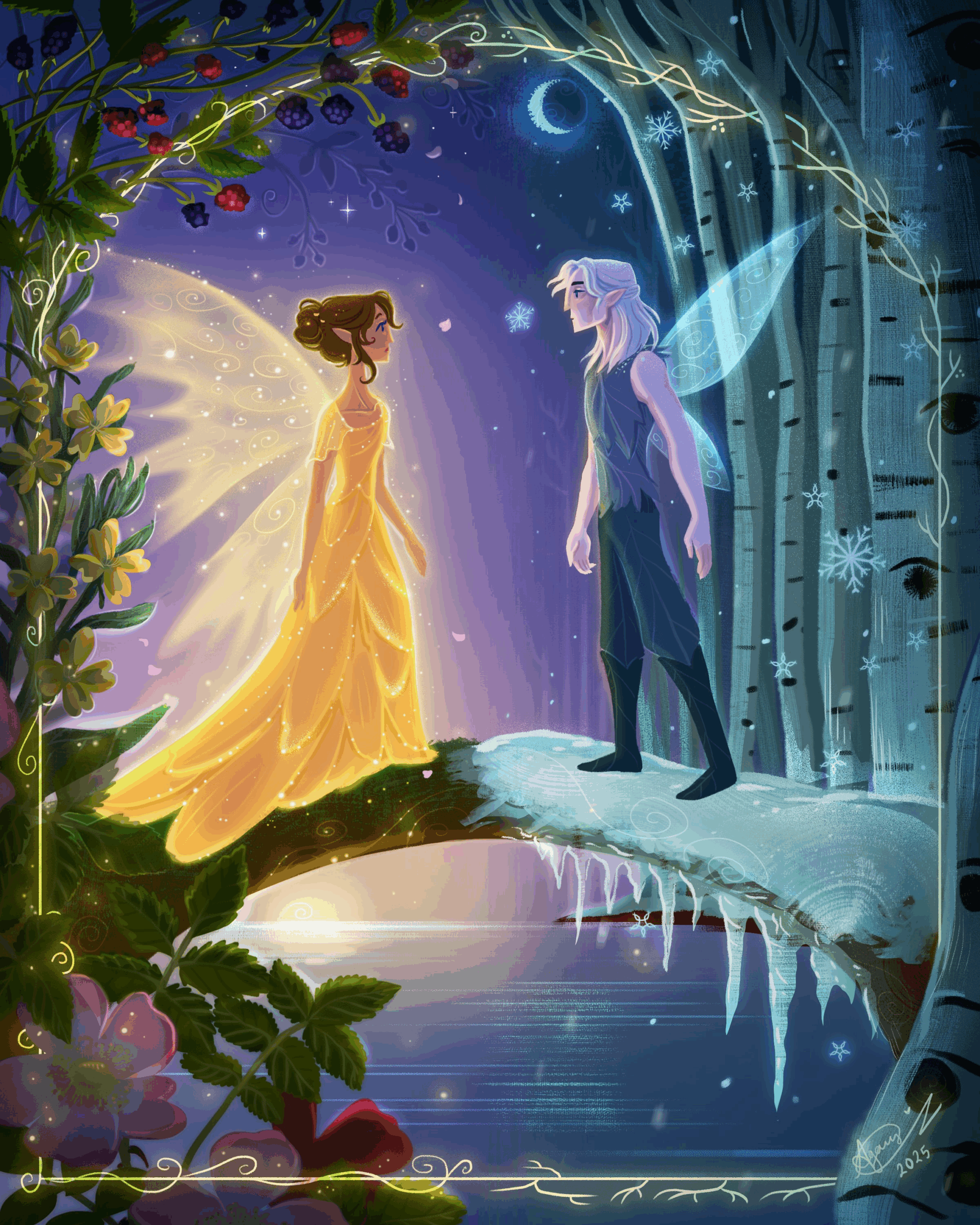 Fanart of agavnythepigeon of Clarion and Milori from "Wings of Starlight" standing in front of each other on the bridge between their realms. 