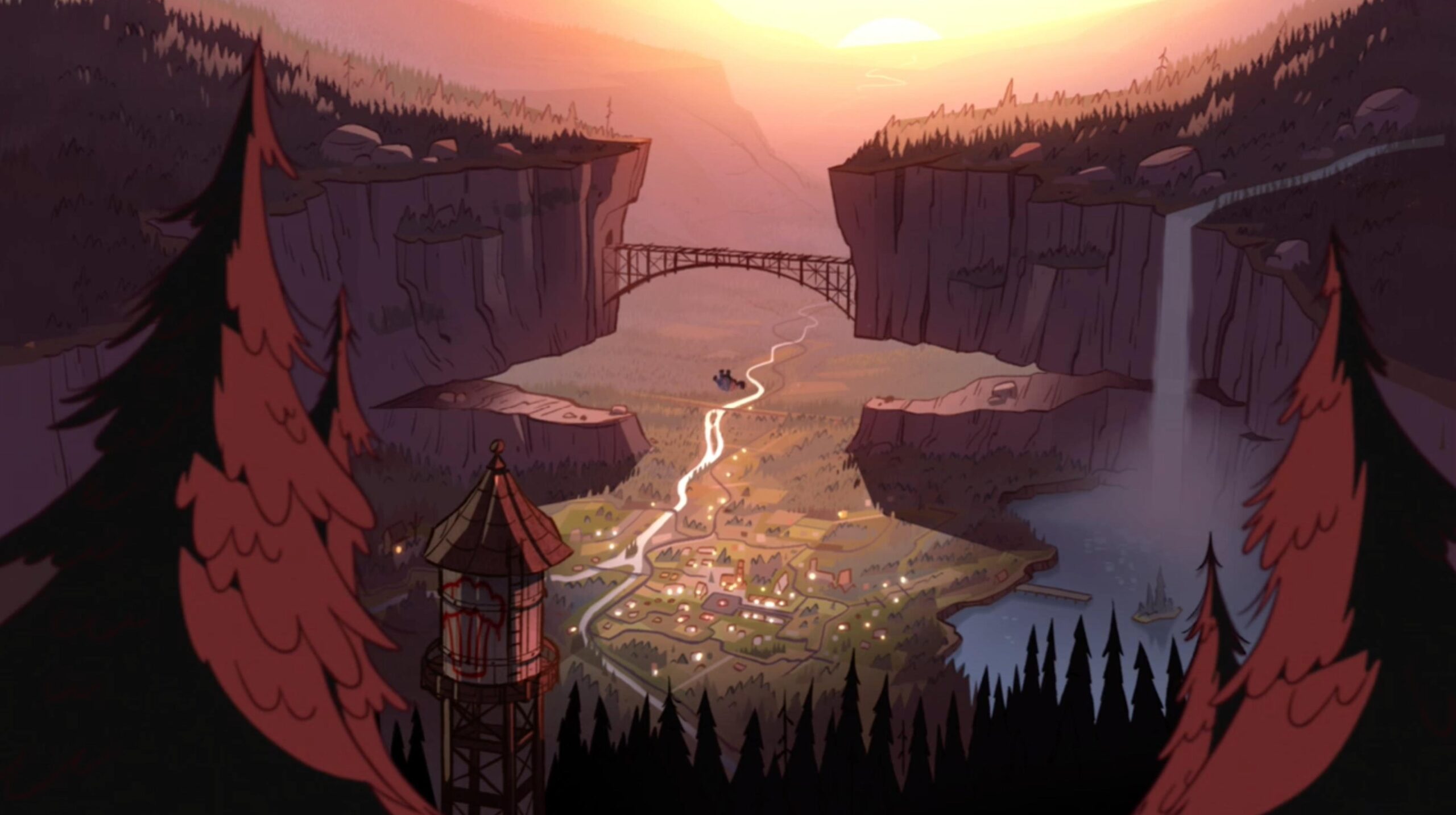 A birds-eye view of the town with the water tower and UFO marking in between the two mountains. 