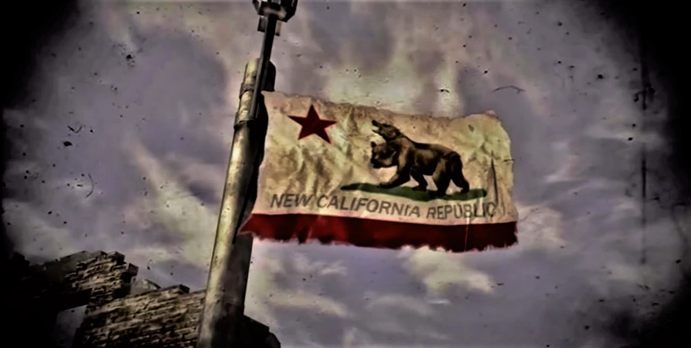 Fallout -- A red and white flag with a two headed bear in the center and a red star on the top left flies on a flagpole. "New California Republic" is written on it.