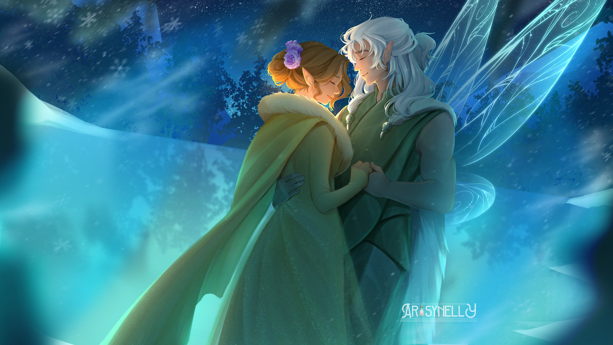Fanart by nellycanwrite of Clarion and Milori from "Wings of Starlight" hugging each other in Winter. 