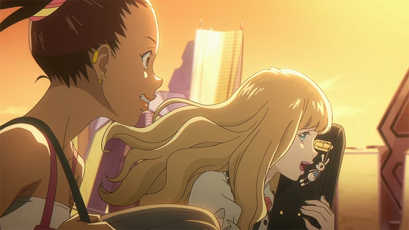 Carole and Tuesday running from an officer with their instruments in hand 