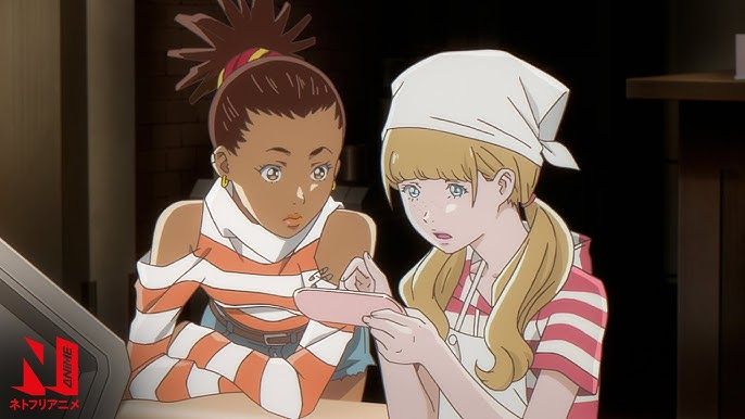 Carole & Tuesday look on a phone while sitting side by side. 