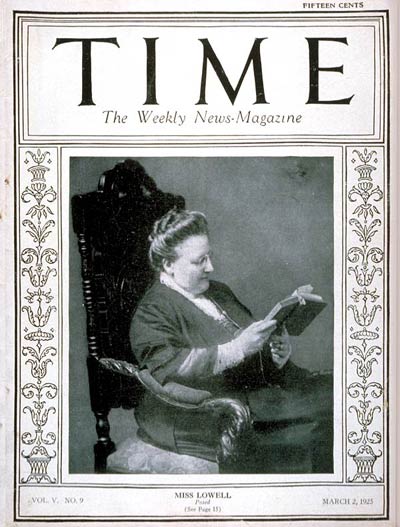 A 1923 cover of TIME Magazine featuring Amy Lowell sitting and reading a book in her signature pince-nez and updo.
