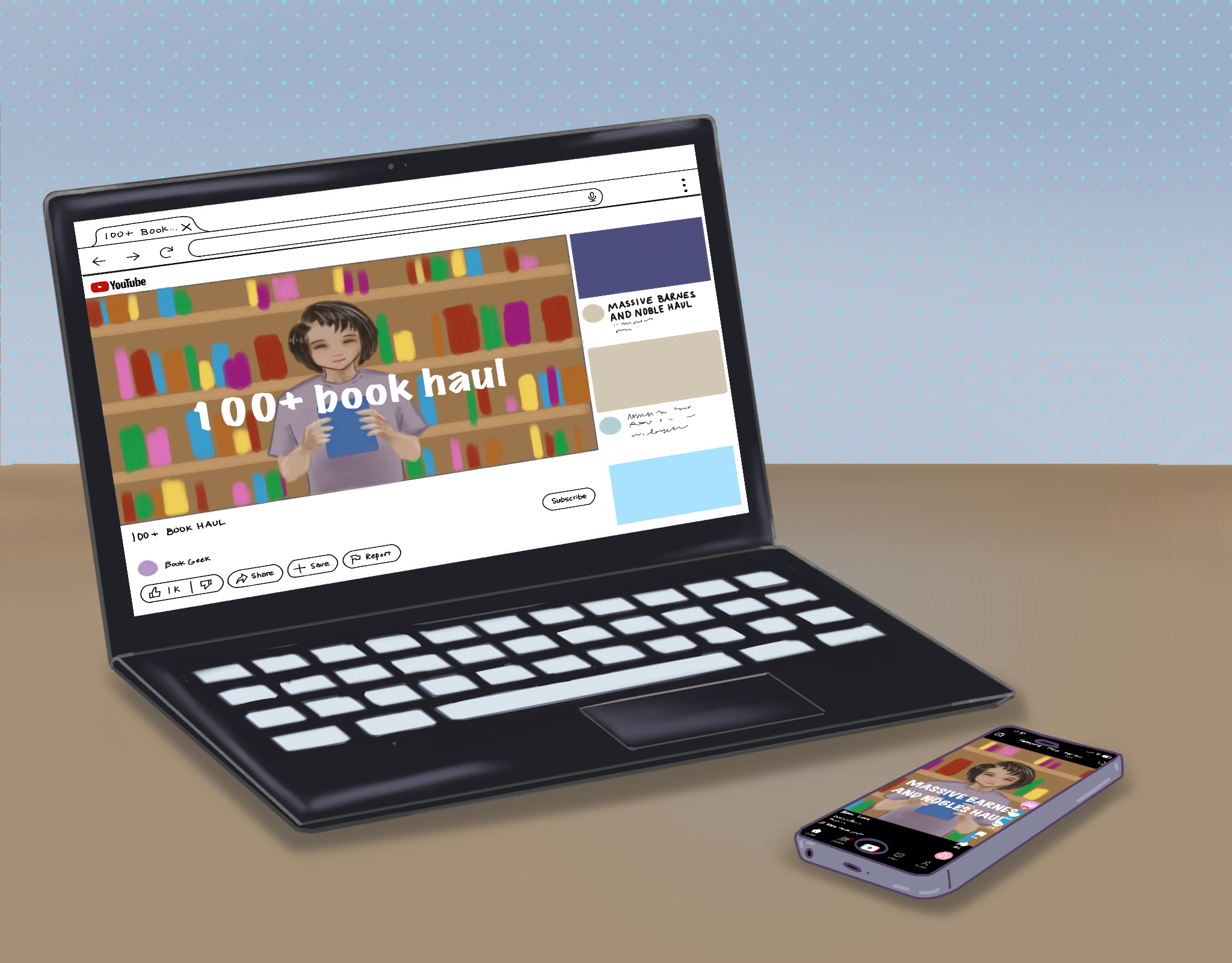 A cartoon computer and phone showing a video of a "100+ book haul." A cartoon representation of the book influencers. 