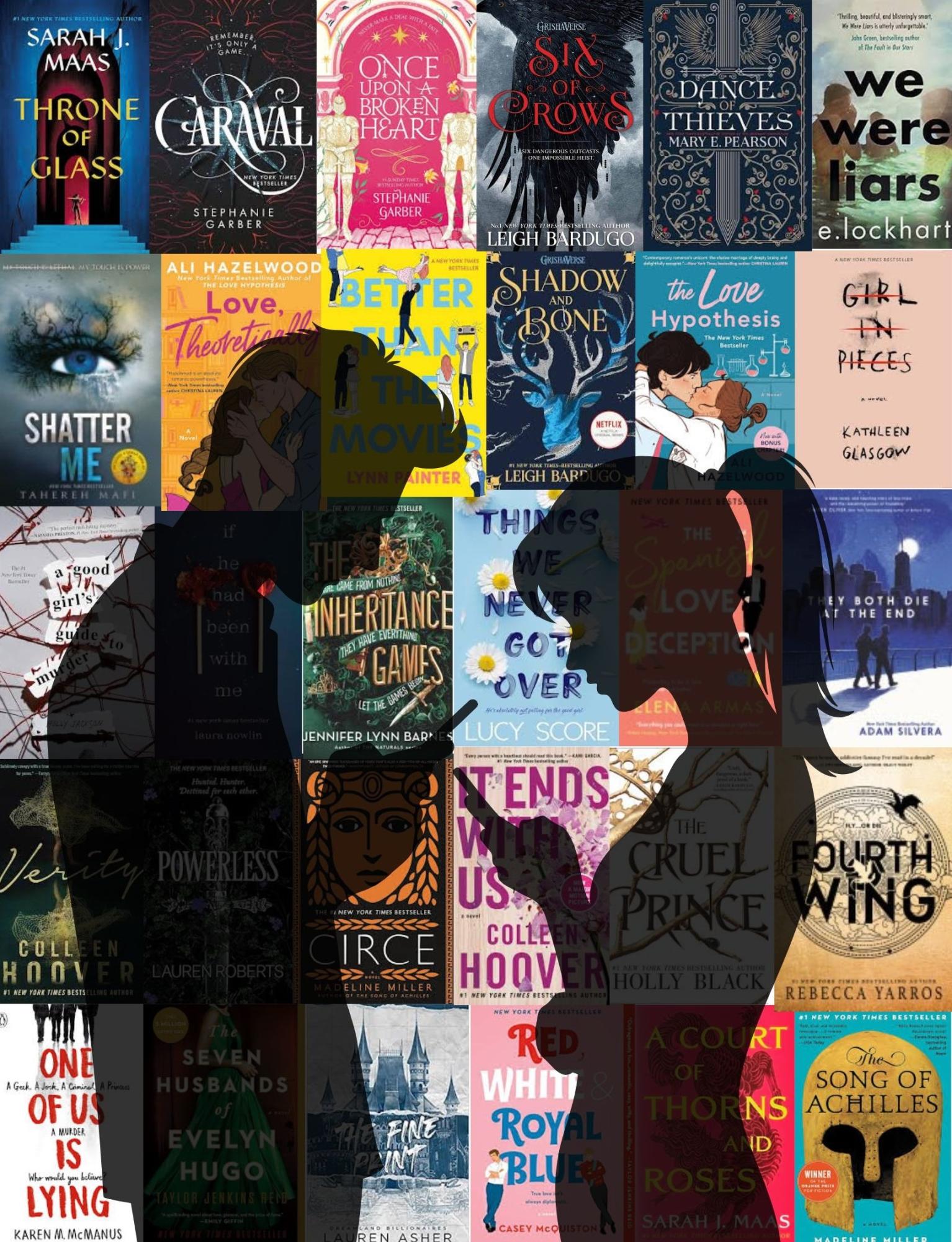 A male and Female shadowed figure looking down at a phone while in front of a wallpaper filled with book covers.