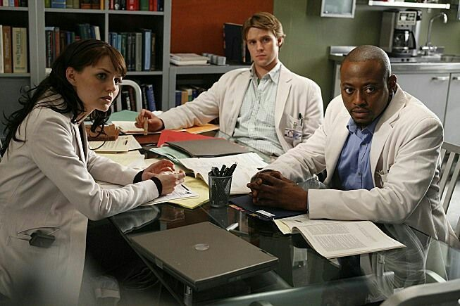 Doctors Cameron, Chase, and Foreman sitting at a table. Shore, D. House, 2004–2012.