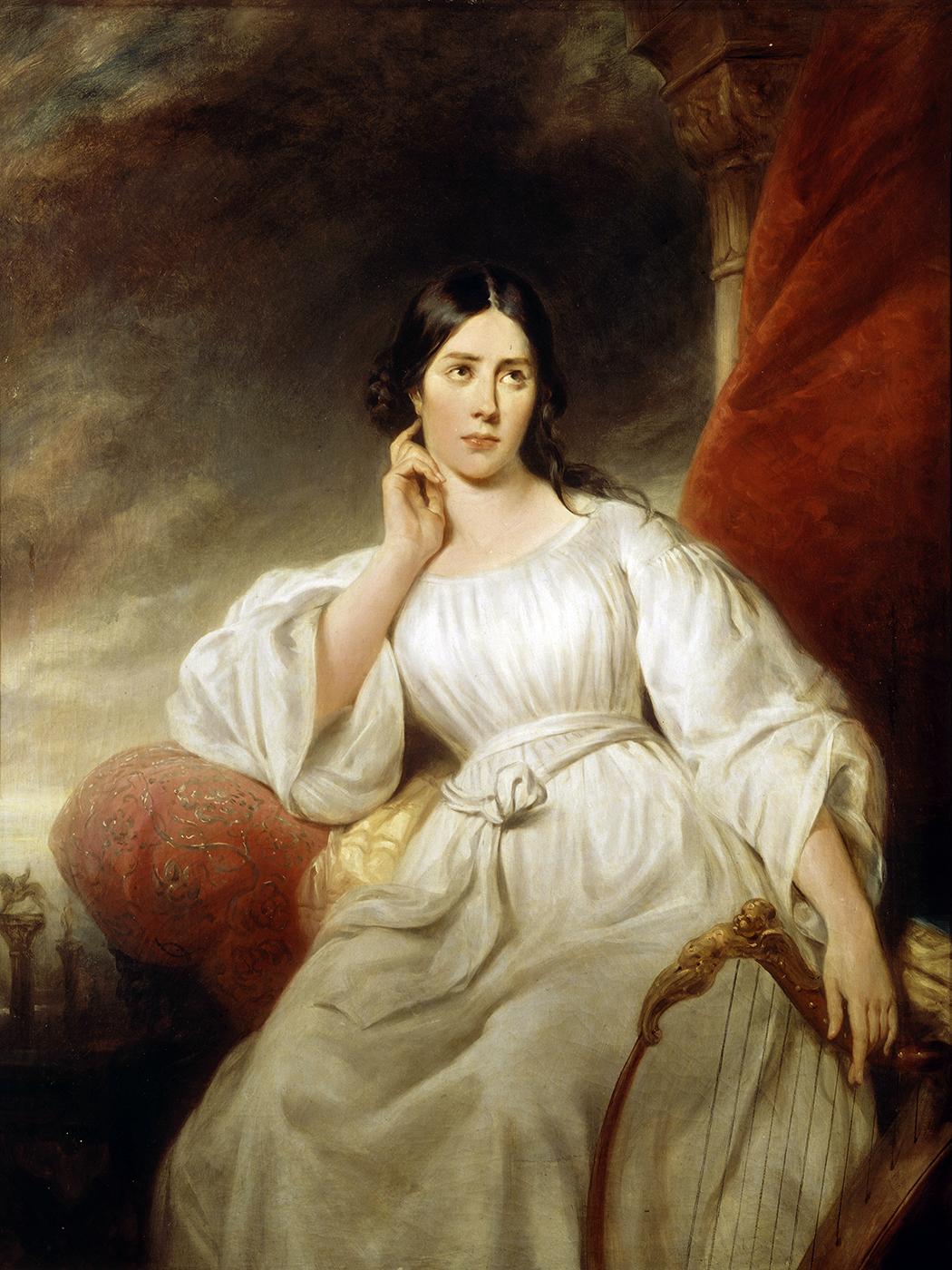 1830 portrait of Maria Malibran lounging on a chair with one hand draped over a harp-like instrument. She is wearing a white gown and is looking up, almost bored.
