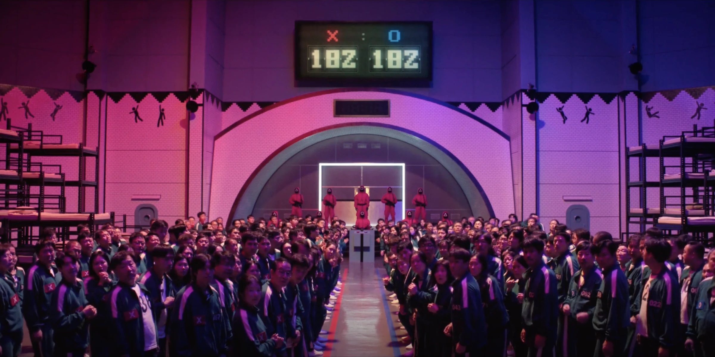 The tie vote, 182 to 182, with player 001 being the last one to break the tie. Everyone is turned tot face the back of the room twoards the camera. 