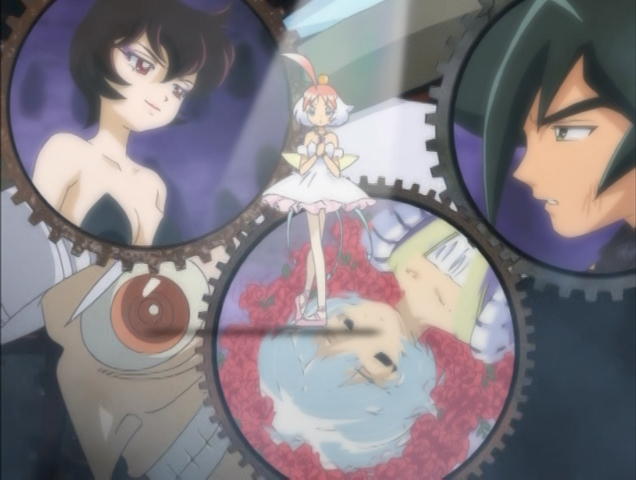 Princess Kraehe, Princess Tutu, Fakir, and the Prince, with Drosselmeyer watching the story unfold
