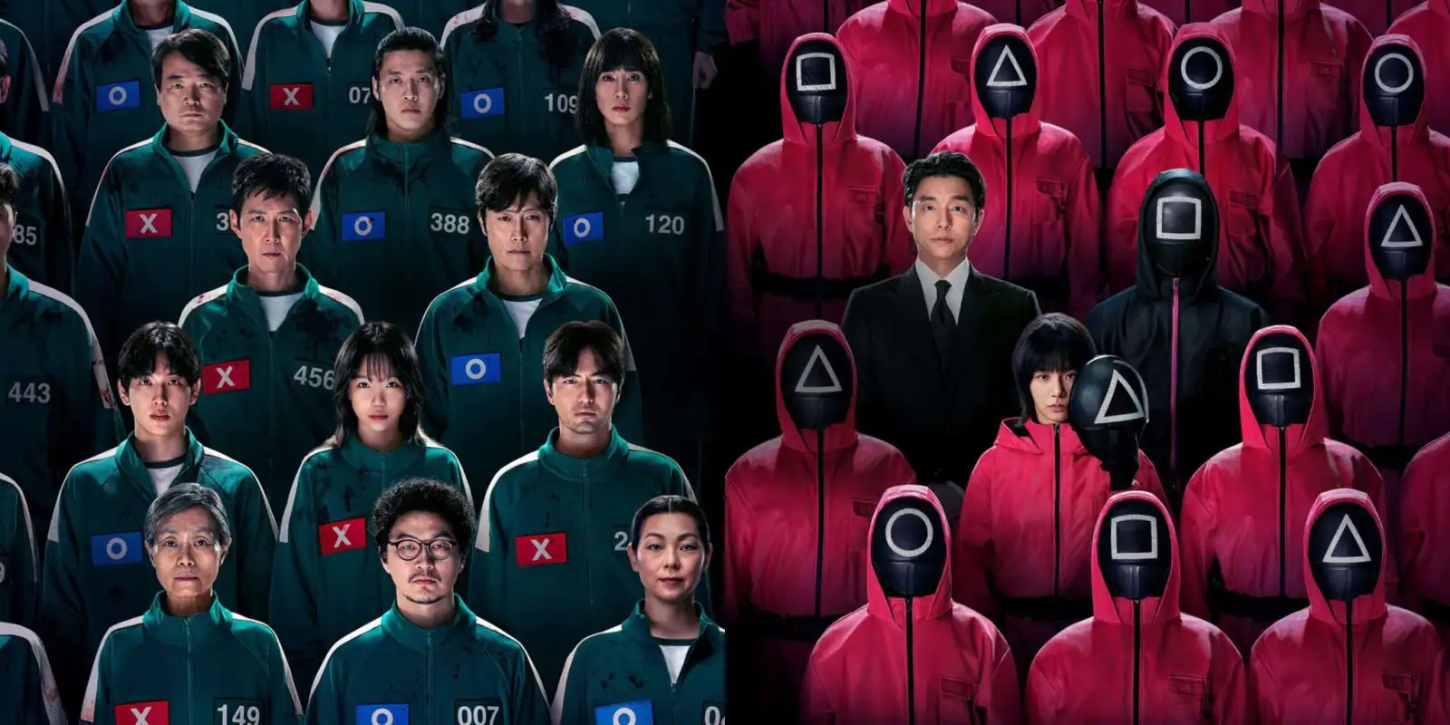 The cast of Squid Game season two and three lined up in their player or worker costumes.